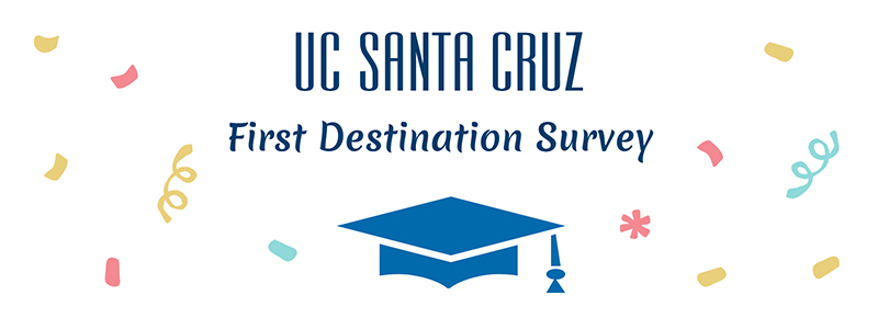 UC Santa Cruz First Destination Survey with confetti and graduation cap!
